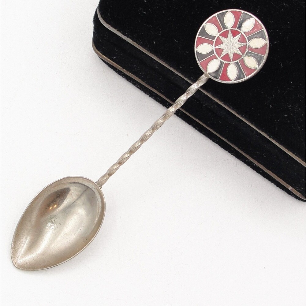 Vintage Cloisonne Enamel Souvenir Spoon Geometric Starburst Finial Twist Handle